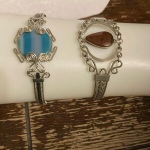 Southwest style bracelets with colored stones . Easy hook closure silvertone